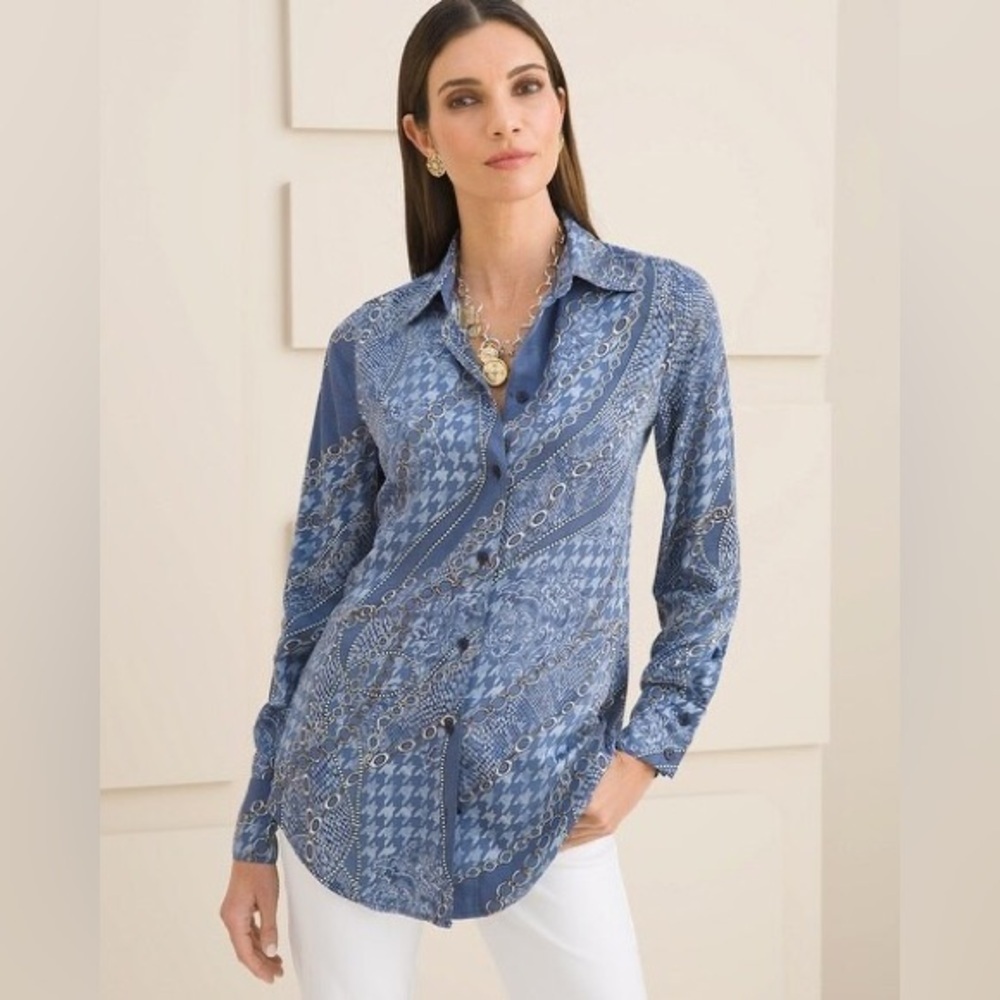 Chicos Sandwashed Satin Mixed Print Button Up Long Sleeve Chico Size 2/ US 12/14